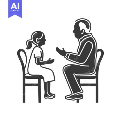 Aset premium populer: A man and a young girl sitting on chairs, talking to each other.