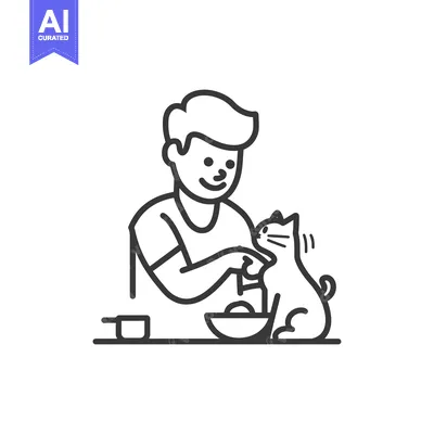 Premium design asset: A man feeding a cat from a bowl