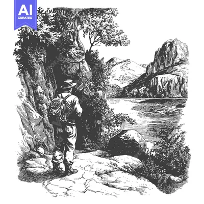 Aset premium populer: A Man Gazing at a Mountainous Landscape with a River Below