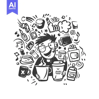 Popular premium asset: A Man Holding Two Cups of Coffee with Surrounding Doodle Objects