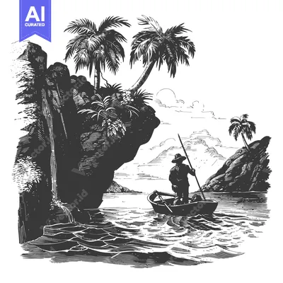 Popular premium asset: A Man in a Boat Navigating a Tropical Landscape with Palm Trees and Ro