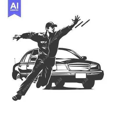 Premium design asset: A man in a cap runs towards a car with his arm outstretched