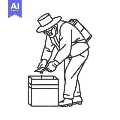 Premium design asset: A Man in a Hat Sharpening a Knife on a Box