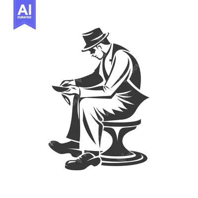 Aset premium populer: A Man in a Hat Sitting on a Stool and Looking Down at Something in His