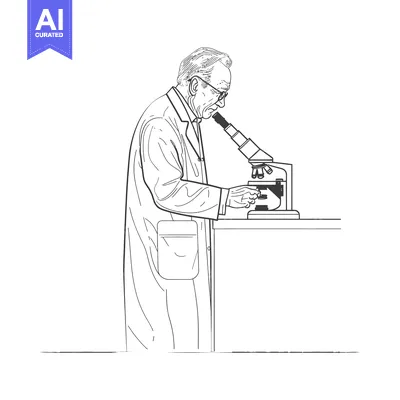 Aset desain premium: A Man In A Lab Coat Uses A Microscope To Examine A Sample