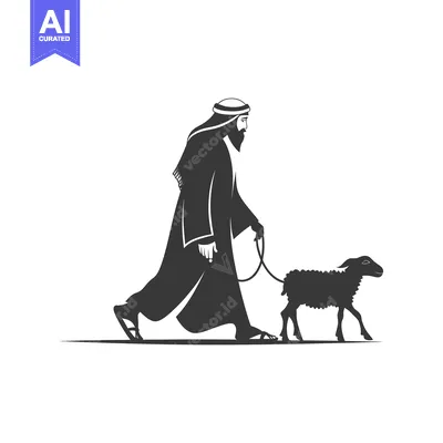A man in a robe leading a lamb on a leash