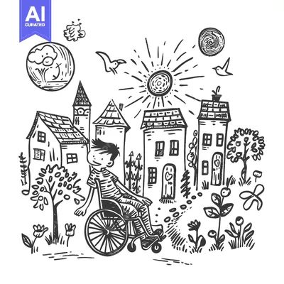 Aset desain premium: A Man in a Wheelchair Smiles as He Rolls Through a Whimsical Town