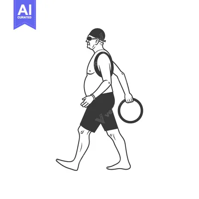 Aset desain premium: A man in swimming trunks and a swim cap walks with a ring in his hand