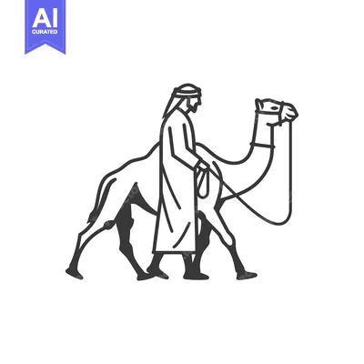 Aset desain premium: A man in traditional clothing leading a camel by a rope.