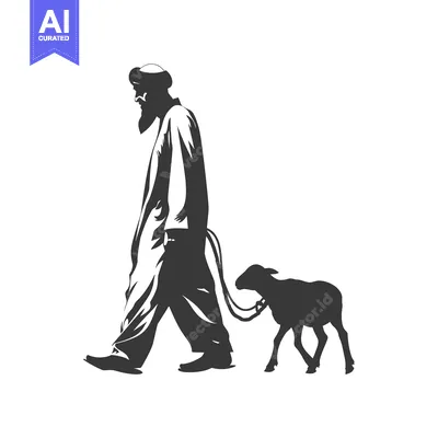 Aset premium populer: A Man in Traditional Clothing Leading a Lamb on a Leash
