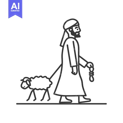 Aset premium populer: A Man in Traditional Clothing Leading a Sheep with a Rope