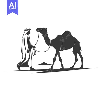 Aset premium populer: A man in traditional clothing leads a camel across a desert landscape.