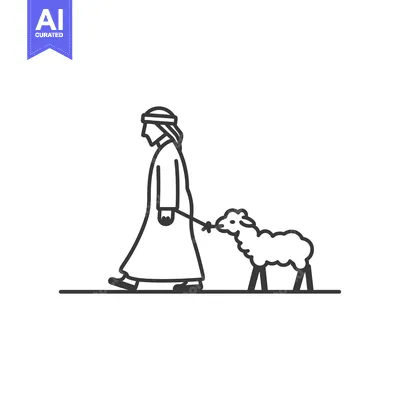 A man in traditional clothing leads a sheep on a leash