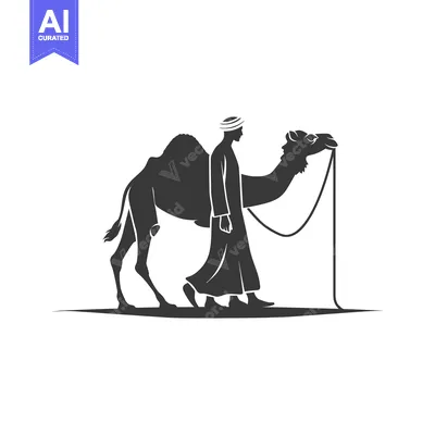 Aset premium populer: A man in traditional clothing walking with a camel on a leash