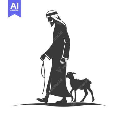 Aset premium populer: A man in traditional Middle Eastern clothing walking with a lamb