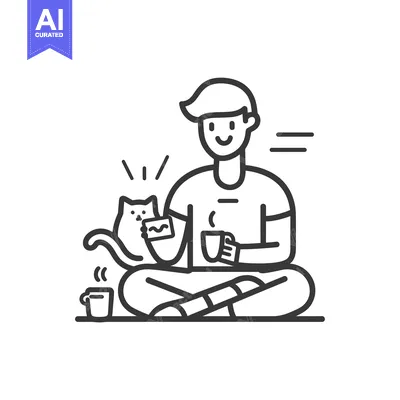 Aset premium populer: A man sitting cross-legged with a cat and a cup of coffee