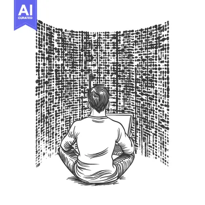 Aset desain premium: A Man Sitting in Front of a Laptop with a Black and White Abstract Pat