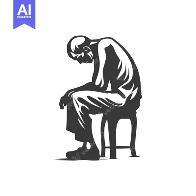 A Man Sitting on a Stool, Head Bowed in Sorrow