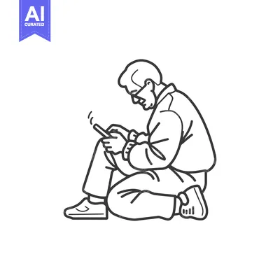 Aset desain premium: A man sitting on the ground, looking at his phone