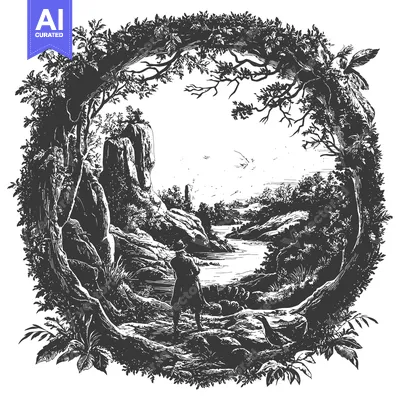 Premium design asset: A Man Standing by a River in a Forested Landscape Framed by Lush Trees