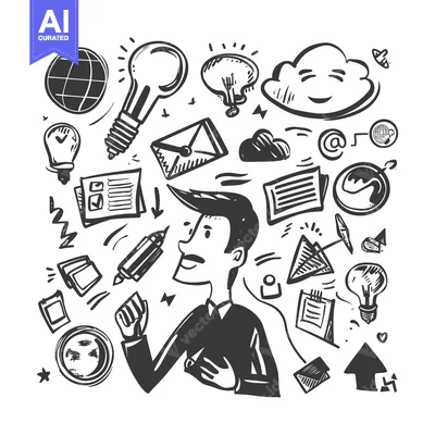Aset premium populer: A Man Surrounded by Doodle-Style Business and Technology Icons