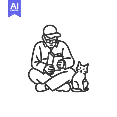 Popular premium asset: A Man Wearing Glasses and a Cap Reading a Book With a Cat Sitting Besi