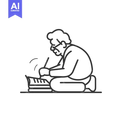 Aset premium populer: A man wearing glasses sits cross-legged, focused on writing.