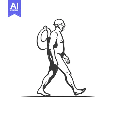 Aset premium populer: A man wearing swimming goggles and a life preserver walks to the beach
