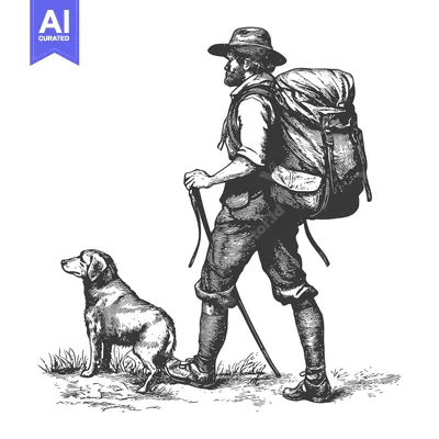 Aset premium populer: A man with a backpack and a dog, walking in the woods