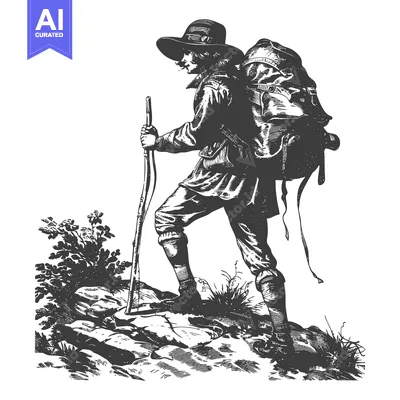Aset desain premium: A Man With A Backpack And Hiking Stick Hiking Up A Mountain