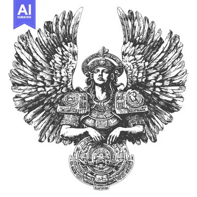 Aset desain premium: A Mayan Deity with Feathered Wings and a Sacred Disk