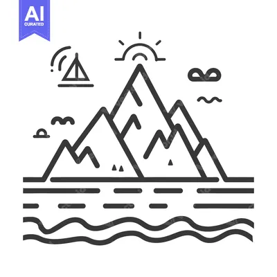 Aset desain premium: Simple line drawing depicts mountains near water and a sunrise