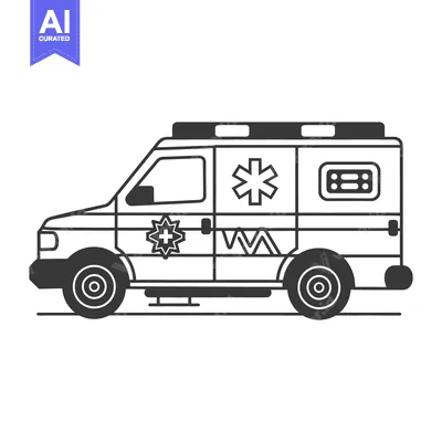 Aset desain premium: A black and white illustrated ambulance vehicle on a white background