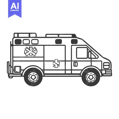 Aset desain premium: A black and white line drawing of an ambulance vehicle