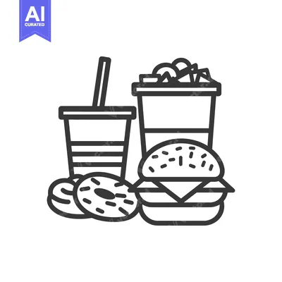 Outlined fast food meal featuring a burger and soda with donuts