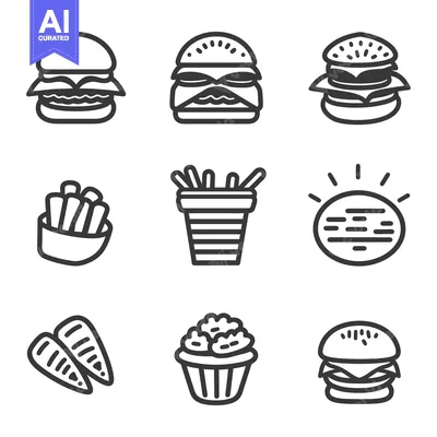 Outline drawings featuring different types of tasty fast food