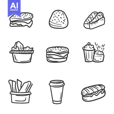 Simple black and white illustrations of various food items