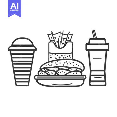 Aset premium populer: A line drawing of a meal with various fast food items