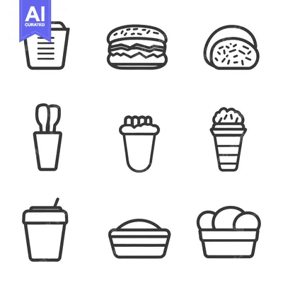 Simple outlined icons depicting different types of fast food and drink