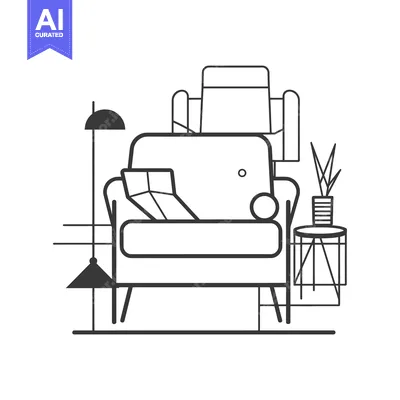 A minimalist illustration of a living room with a chair, lamp, and pla