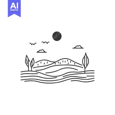A Minimalist Line Drawing Depicting a Landscape with Rolling Hills, Tw