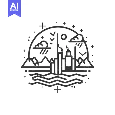 Aset desain premium: A Modern Line Art Illustration of a Cityscape with Mountains and Water