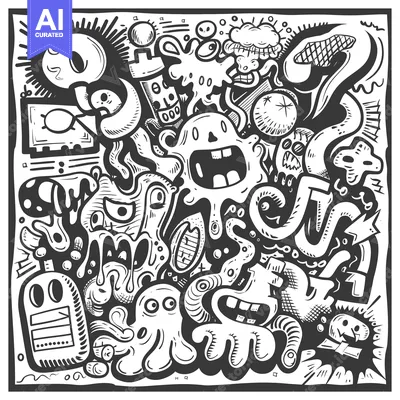Premium design asset: A Monochromatic Doodle of Various Abstract Creatures