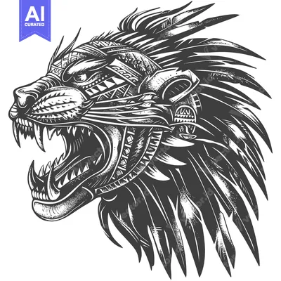 Premium design asset: A Monochromatic Illustration of a Lion's Head Decorated with Feathers