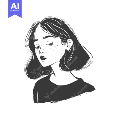 Aset desain premium: A monochrome illustration of a young woman with short hair and freckle