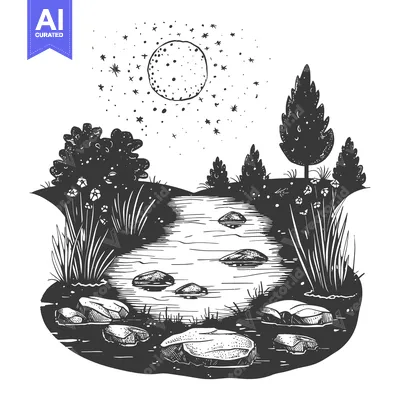 Premium design asset: A Moonlight Night Scene with a River, Trees, and Rocks