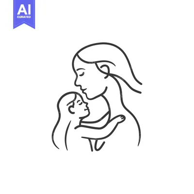 Aset premium populer: A mother and her child embracing in a line drawing