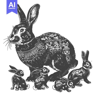 Premium design asset: A mother rabbit with her three kits, adorned with geometric patterns
