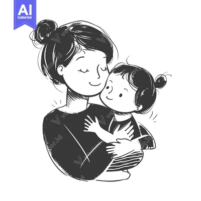 Aset premium populer: A mother with her daughter in a tender embrace, depicted in a black an