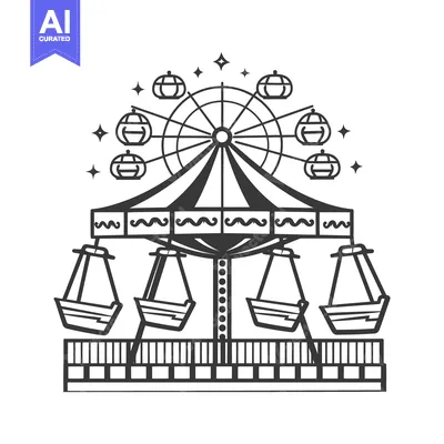 Aset premium populer: A monochrome illustration depicting an amusement park ride with a ferr